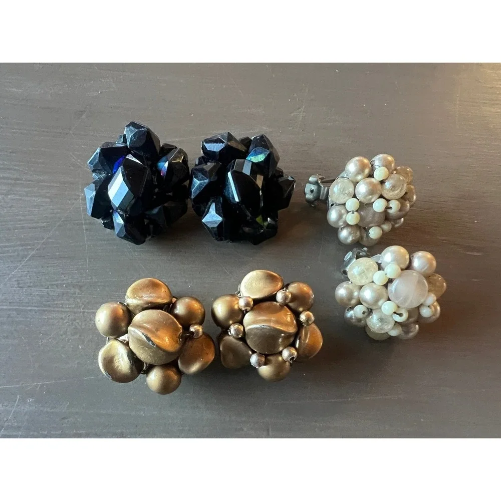 Vintage Cluster Clip-On Earrings 3 Pair Set Black Gold Cream West Germany Japan